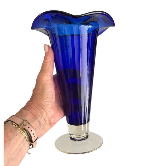 Cobalt Blue Art Glass Trumpet Vase Clear Base 9” Tall - Picture 7 of 8